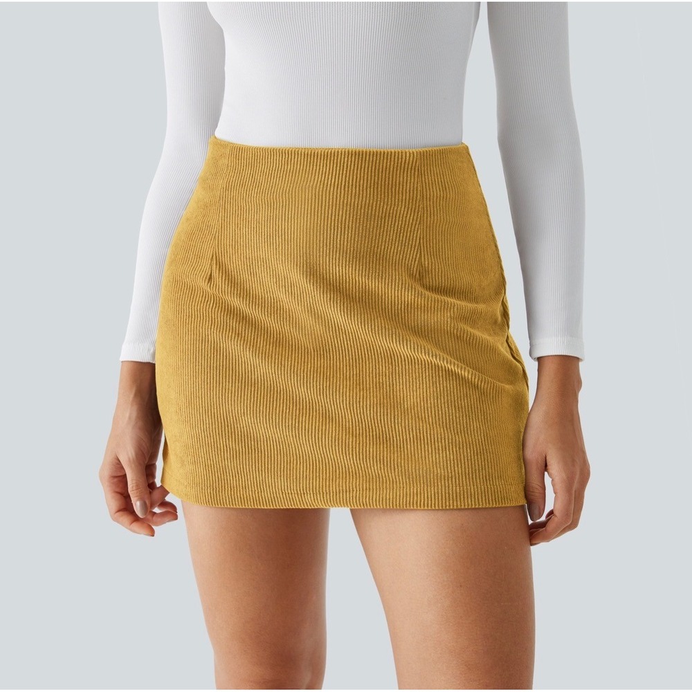 Halara Skort Women M Amber Gold NWT 2-in-1 A-Line Corduroy Mini Skirt